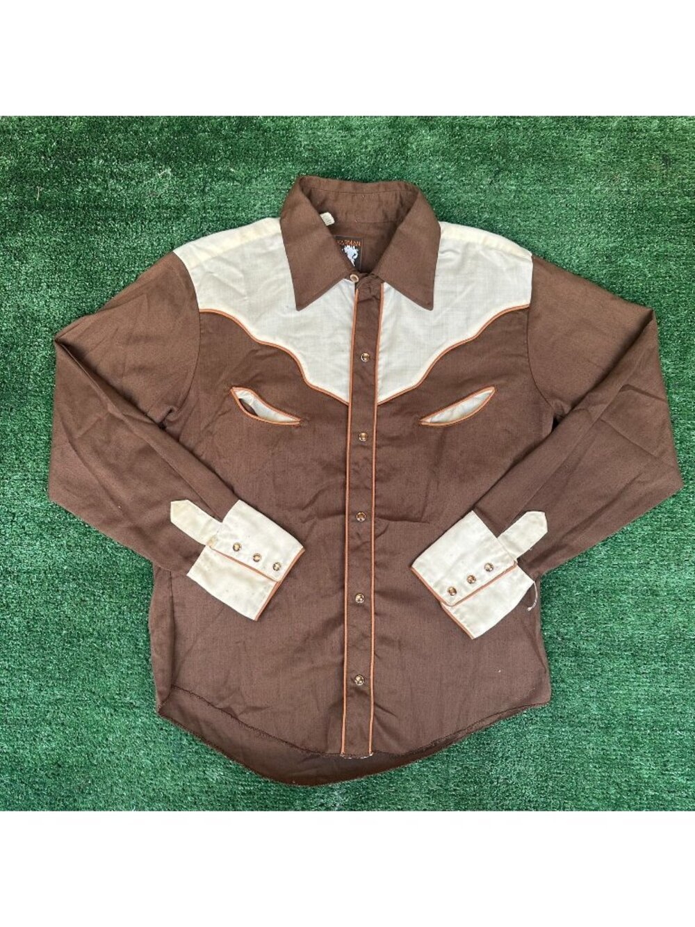 Vintage 70s Karman Pearl Snap Western Shirt Brown S/M Cowboy Ranch Rockabilly